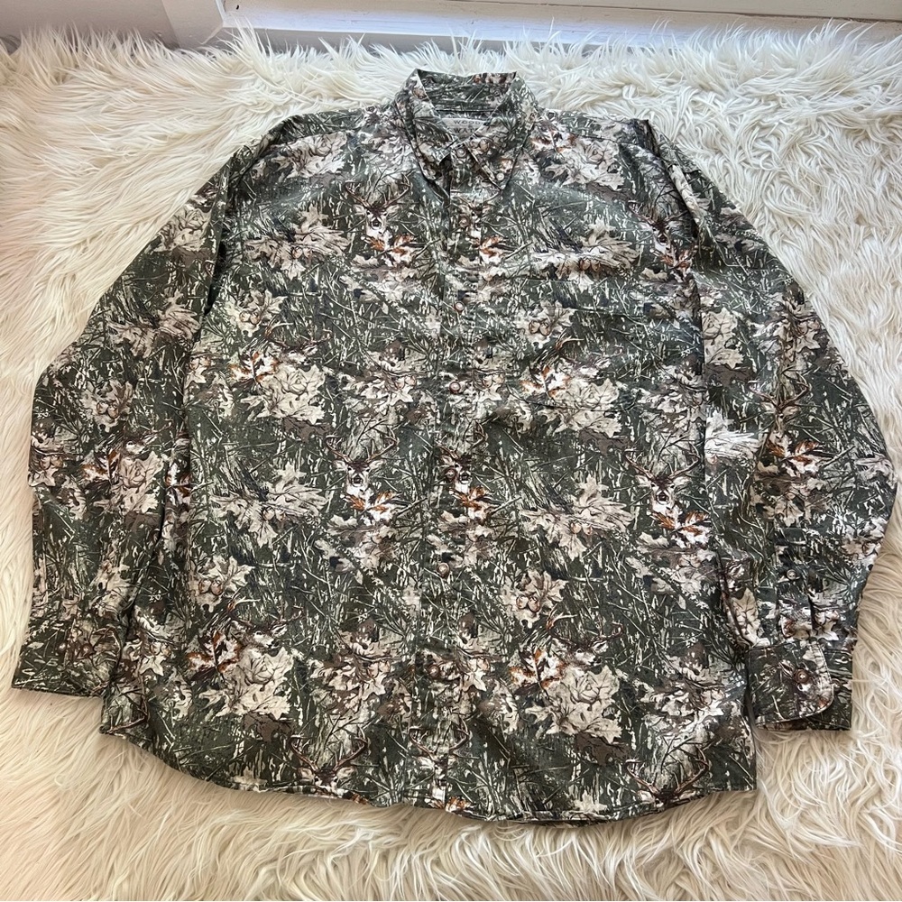 Woods And Water Camo Shirt Mens Large Green Deer Print Outdoors Button Down